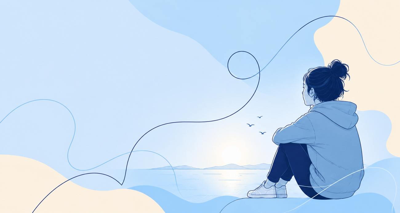 Illustration af en ung person, der sidder i eftertænksom positur og ser ud over havet i rolige blå nuancer. Billedet bruges til RESET, et ungeprojekt for 12–25-årige med problemer relateret til opioid, GHB eller benzodiazepiner.