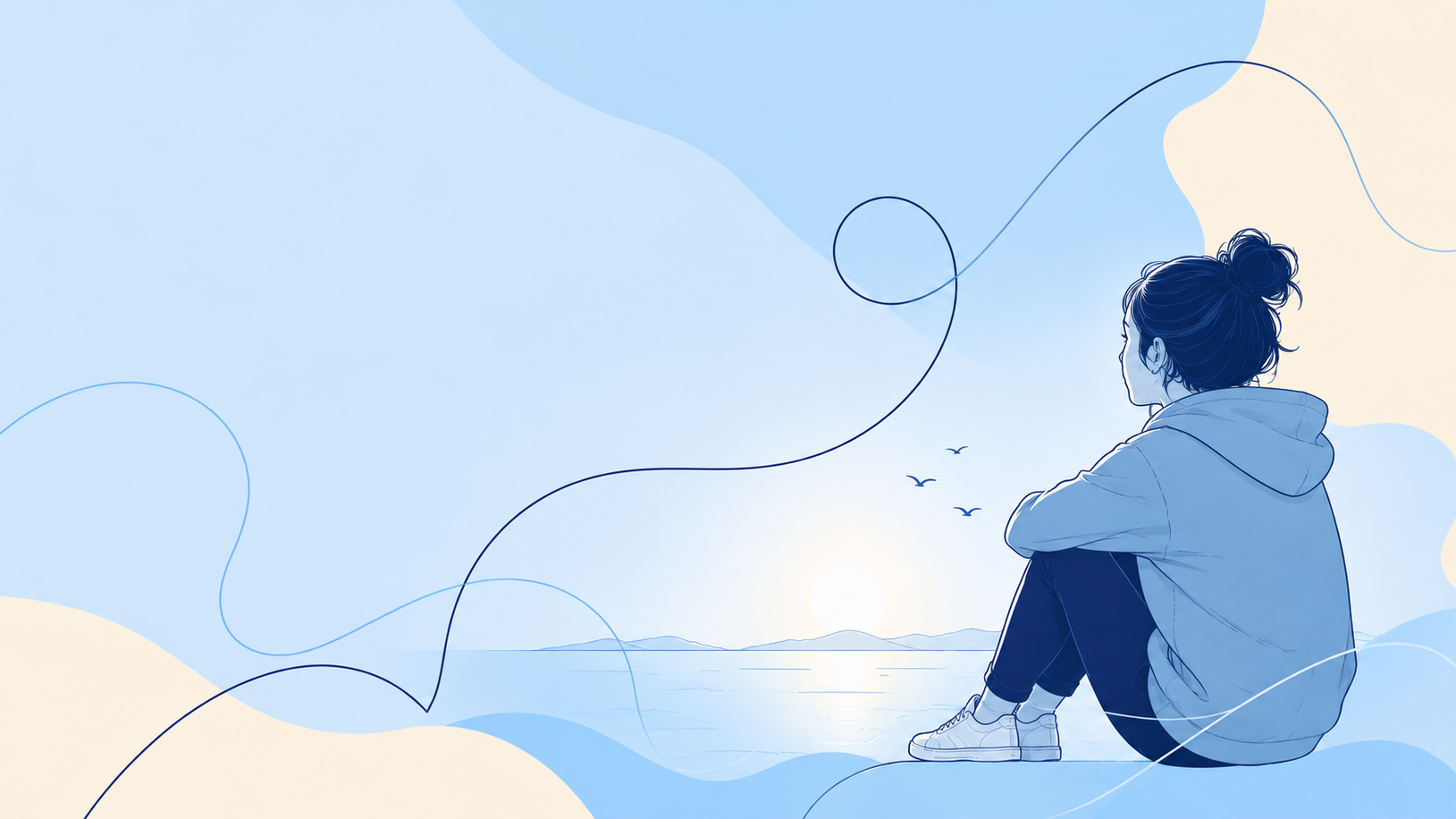 Illustration af en ung person, der sidder i eftertænksom positur og ser ud over havet i rolige blå nuancer. Billedet bruges til RESET, et ungeprojekt for 12–25-årige med problemer relateret til opioid, GHB eller benzodiazepiner.