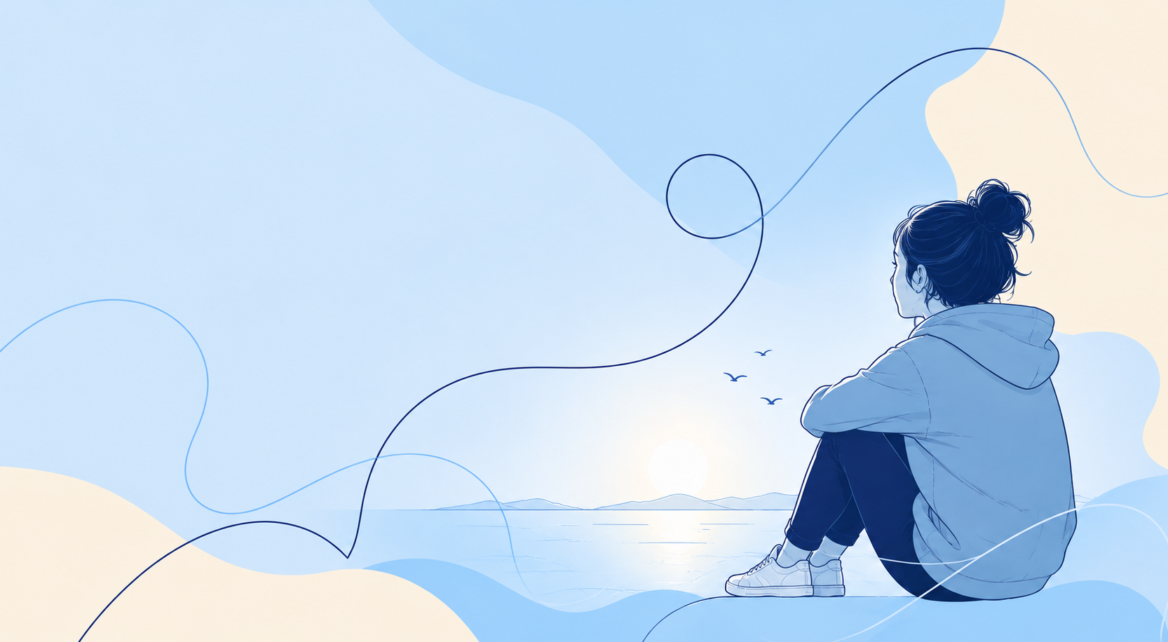 Illustration af en ung person, der sidder i eftertænksom positur og ser ud over havet i rolige blå nuancer. Billedet bruges til RESET, et ungeprojekt for 12–25-årige med problemer relateret til opioid, GHB eller benzodiazepiner.