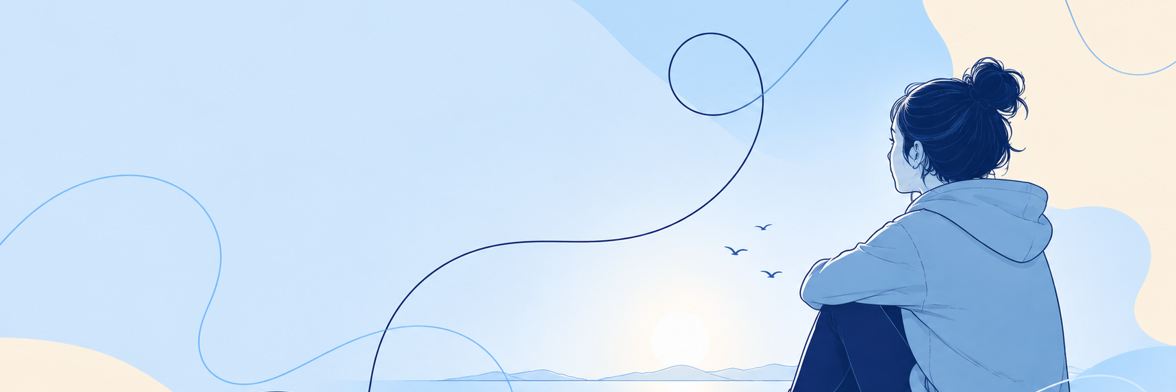 Illustration af en ung person, der sidder i eftertænksom positur og ser ud over havet i rolige blå nuancer. Billedet bruges til RESET, et ungeprojekt for 12–25-årige med problemer relateret til opioid, GHB eller benzodiazepiner.